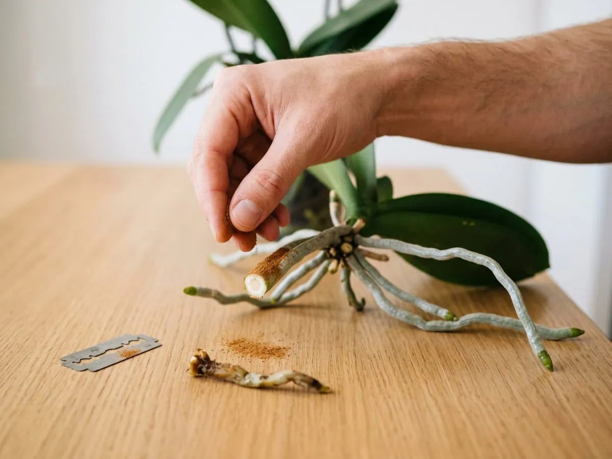 Close-up of ground cinnamon dusting a trimmed moth orchid root cut, the post-repot fix instead of peroxide on the roots.