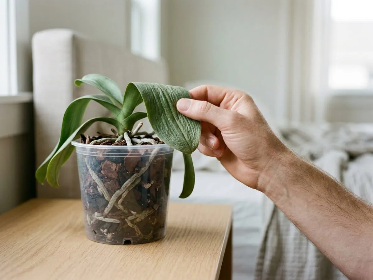 Close-up of a thumb and forefinger holding a limp, wrinkled moth orchid leaf edge to read over- or under-watered roots.