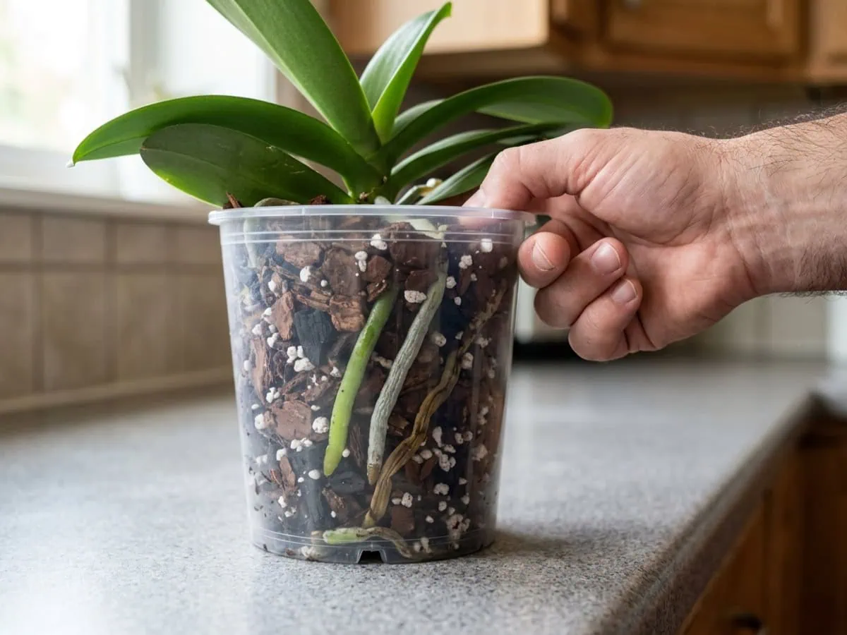 Close-up of reading the roots before you water: green, silver and brown moth orchid roots in a clear pot on the counter.
