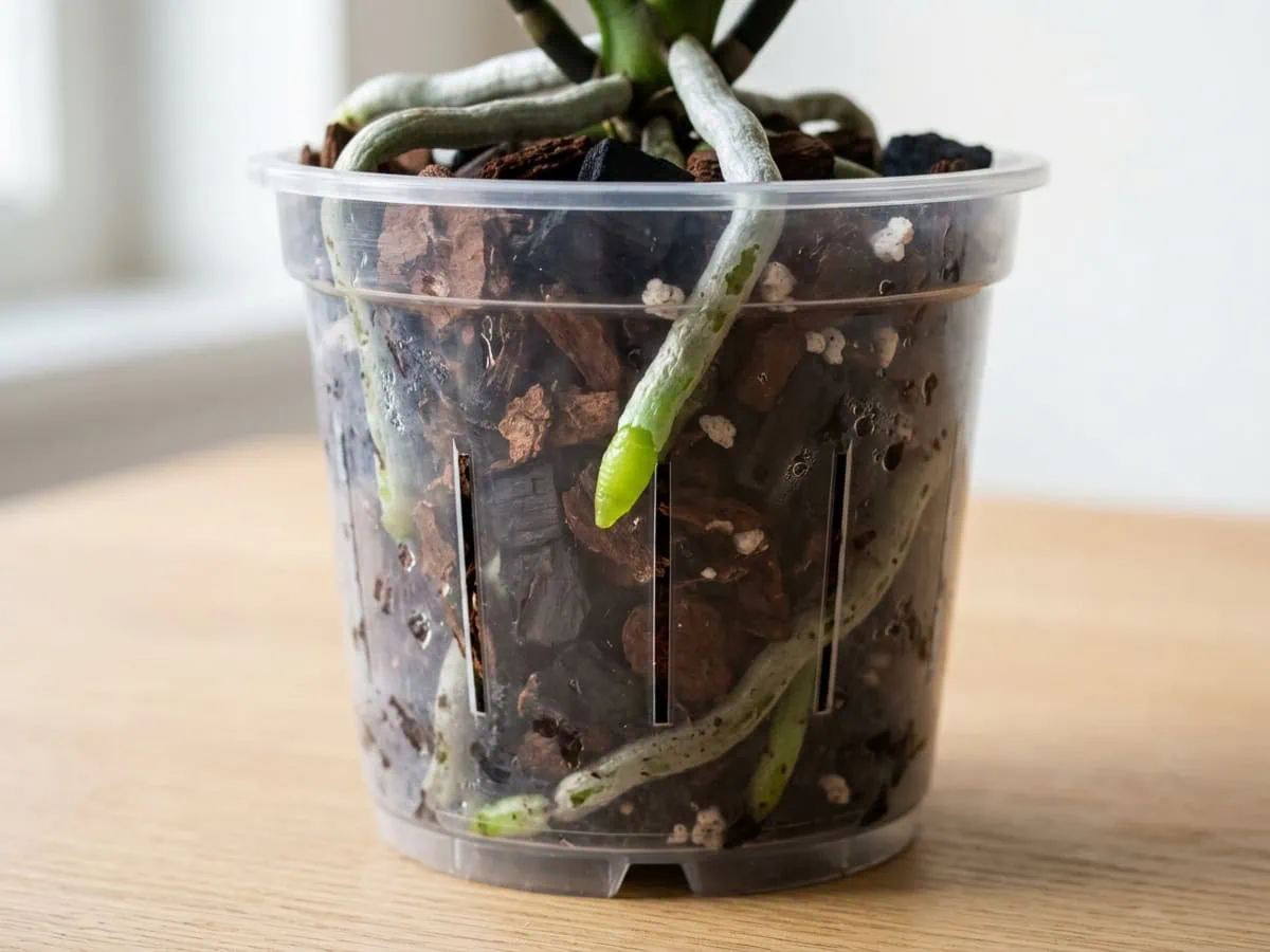 Close-up of a bright green new root tip on a repotted moth orchid, the recovery routine paying off in fresh bark.