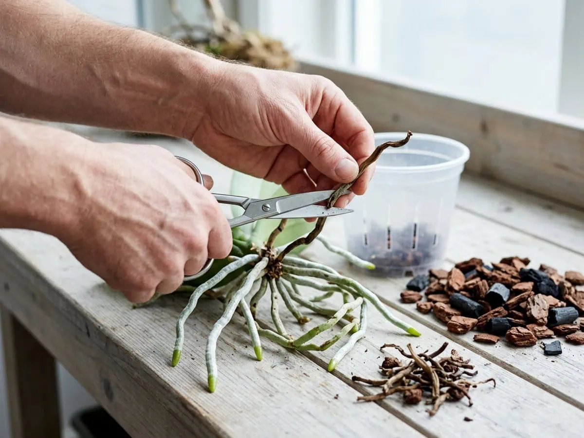 Close-up of the root-trim rescue — sterile scissors cut a brown hollow moth orchid root while firm silver roots stay.
