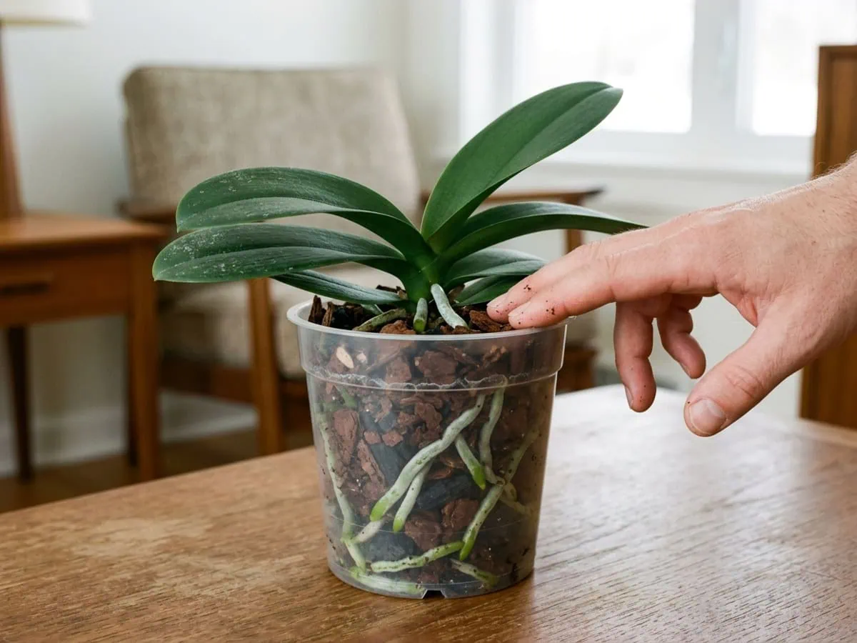 Close-up of a fingertip testing coarse bark beside a clear pot, reading the moth orchid root zone for moisture.