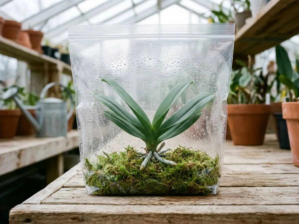 Close-up of a near-rootless moth orchid resting on damp sphagnum in a sealed clear humidity chamber, crown above the moss.