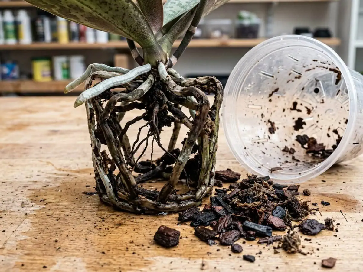 Macro view of why it rotted — a moth orchid root mass with brown mushy roots and decomposed soggy bark crumbling away.