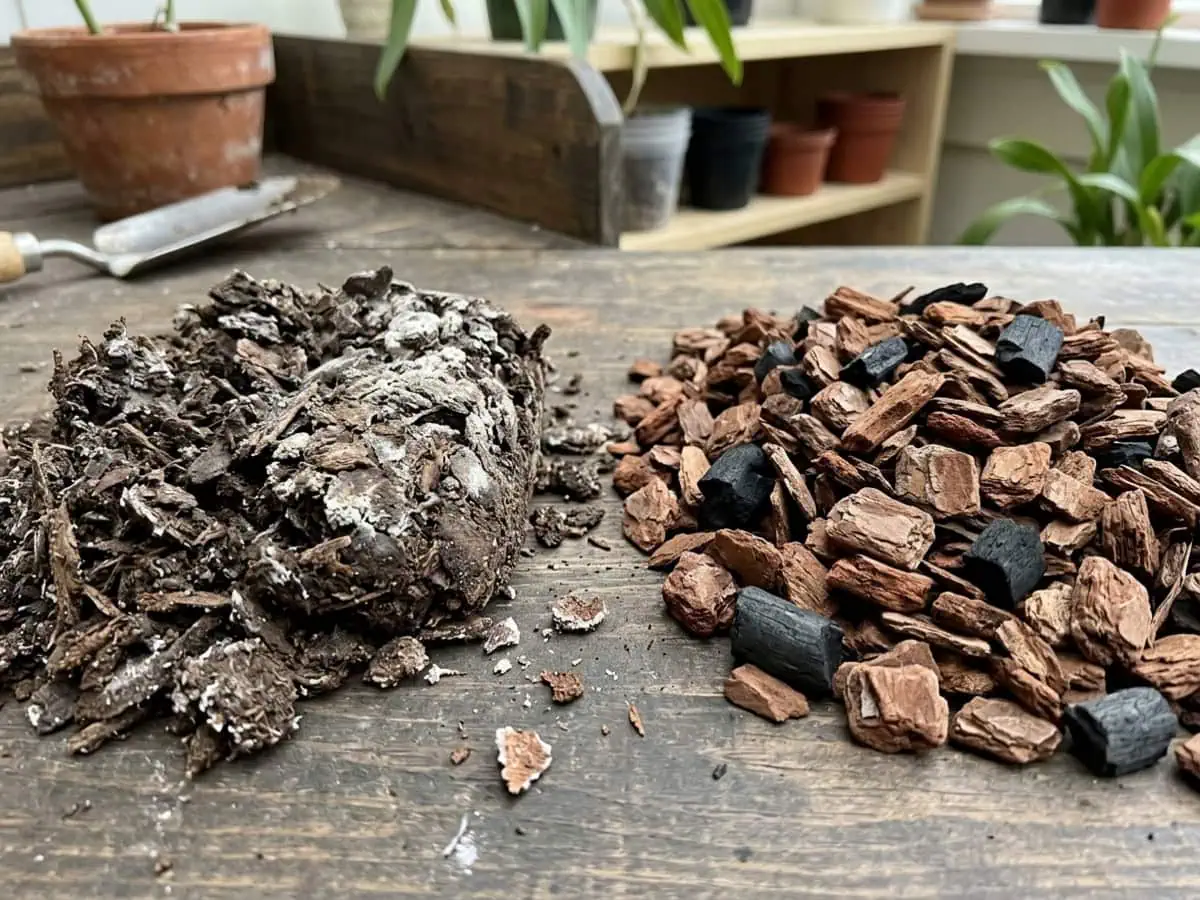 Macro view of dense, broken-down orchid medium with a white salt film beside fresh chunky fir bark.