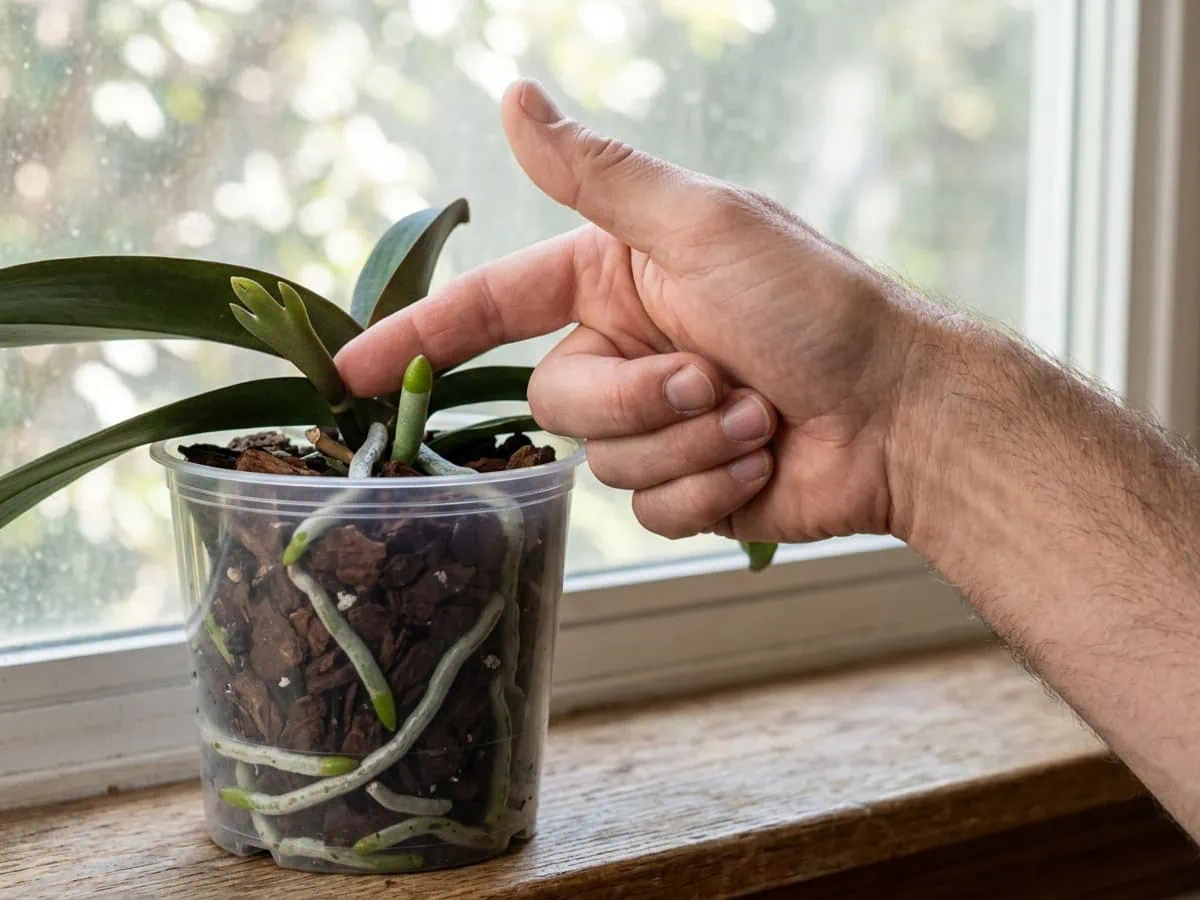 Macro view of a fingertip beside a moth orchid's two tips — a mitten-shaped flower spike versus a rounded aerial root.