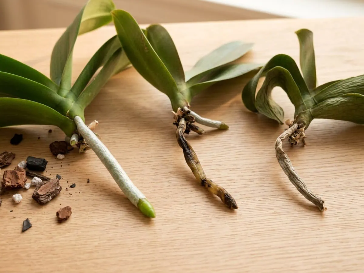 Macro view of three moth orchid roots — shock, rot, and dehydration: firm silver, brown collapsed, gray shriveled.