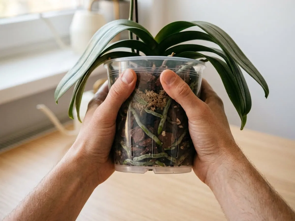 Close-up of two hands weighing a just-repotted moth orchid to tell shock from rot, firm silver roots in a clear pot.