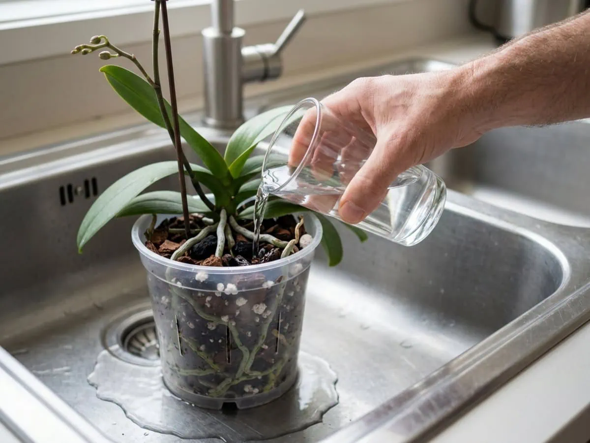 Macro view of watering a moth orchid in a bark mix with soft rain or distilled — the right water type, in a clear pot.