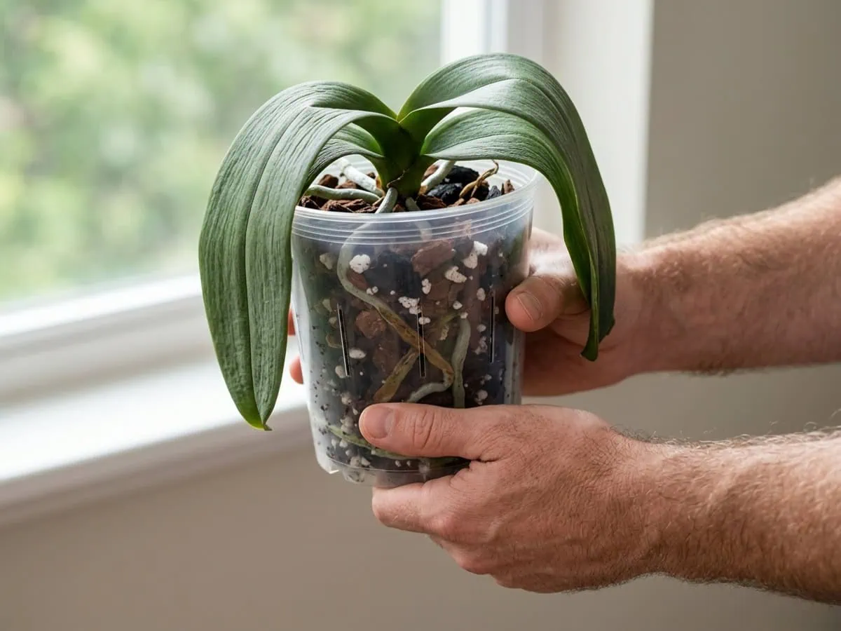 Close-up of a common watering myth — holding a clear pot to the light to read a limp moth orchid's roots before watering.