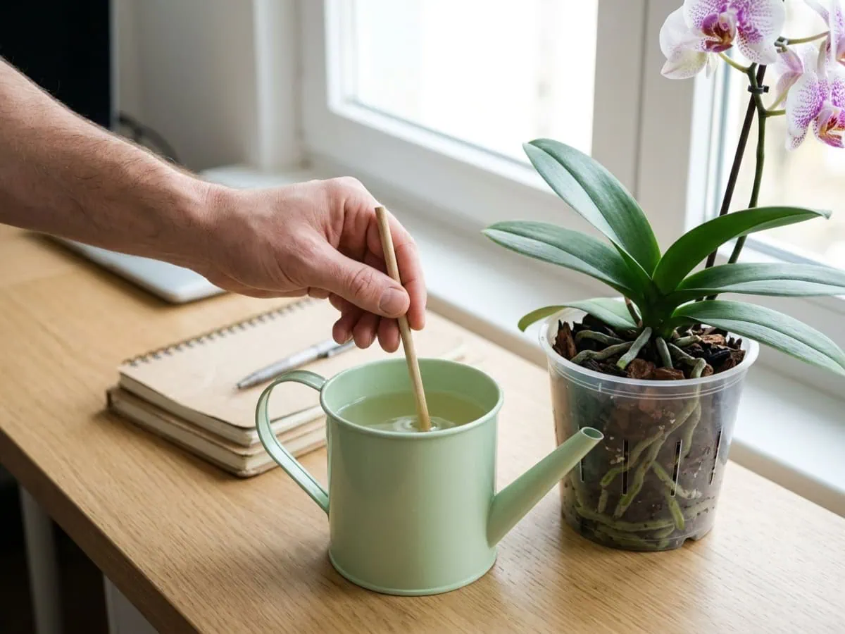 Close-up of a bare hand stirring a pale, weak fertilizer dose into a watering can beside a clear-pot moth orchid.