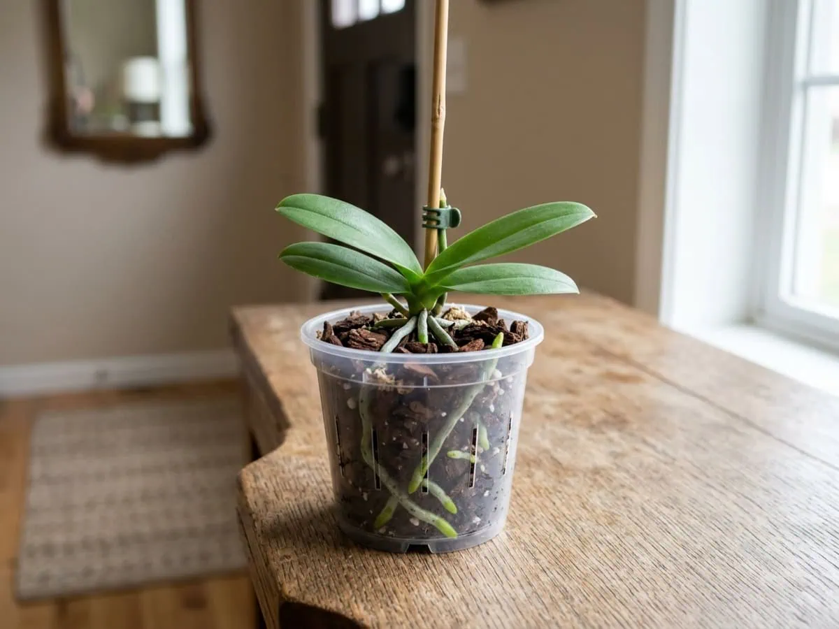 A newly potted moth orchid keiki standing upright in fine bark, green-tipped roots showing through the clear pot.