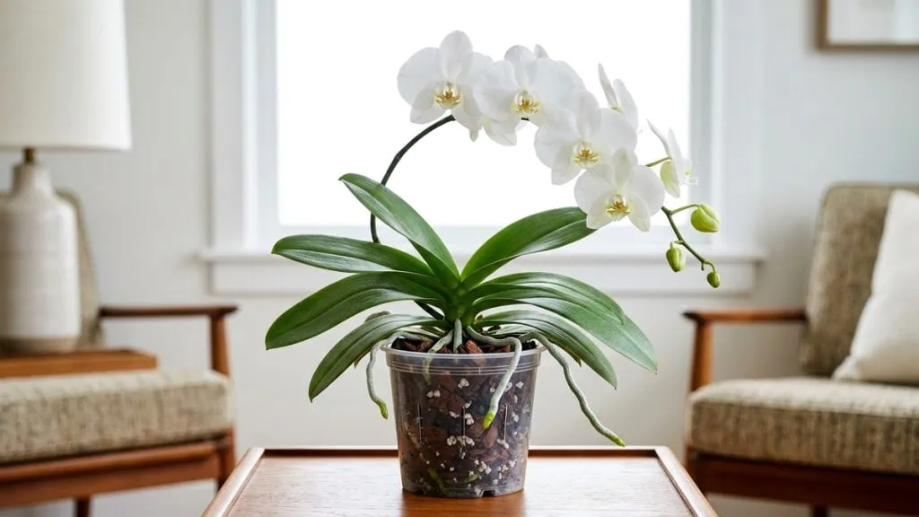 Phalaenopsis orchid care guide — a thriving Phalaenopsis moth orchid in bright bloom over silver-green roots in a clear pot.