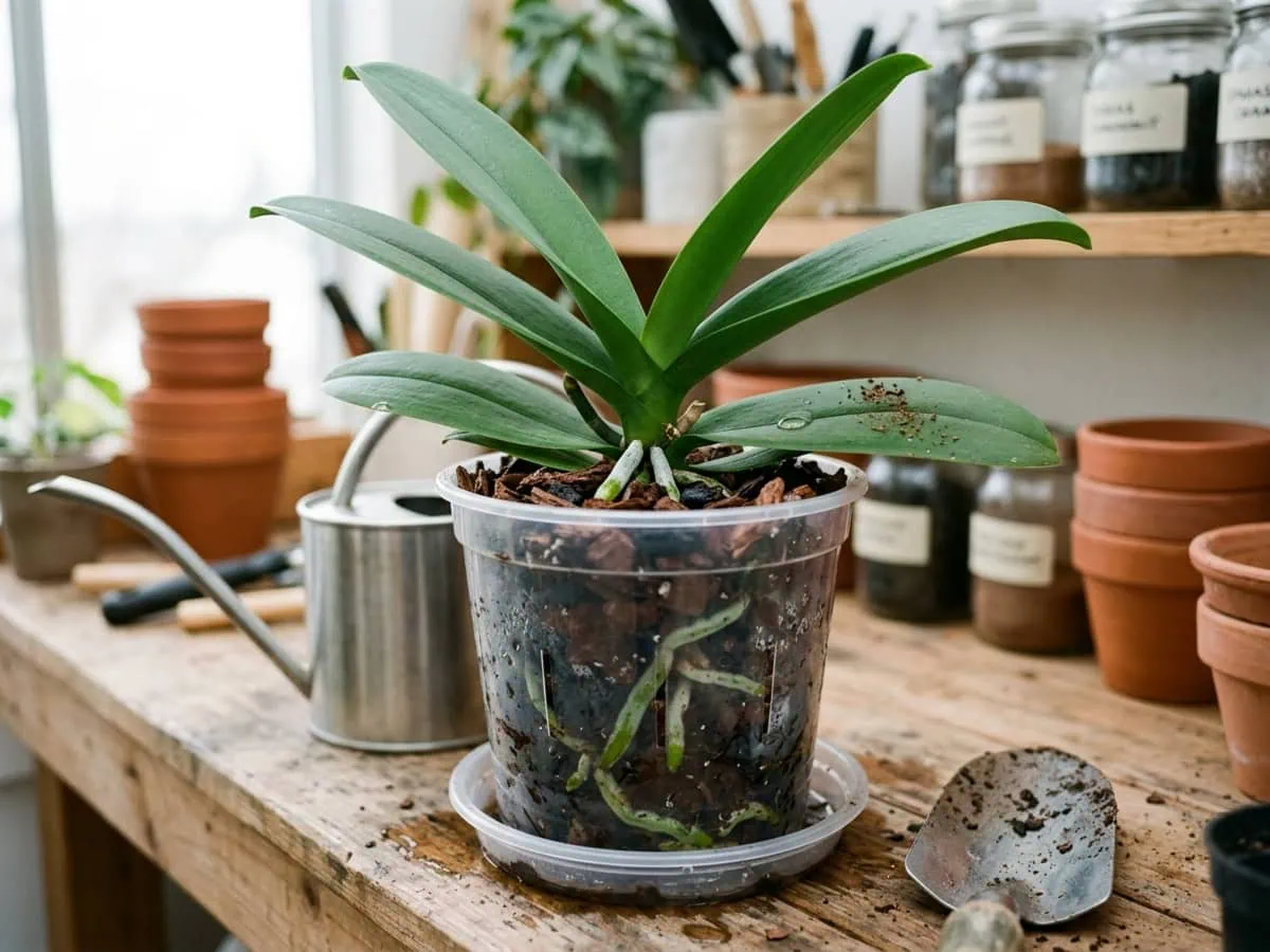 A freshly repotted moth orchid sits crown-high in fresh fir bark inside a clear pot, roots showing.