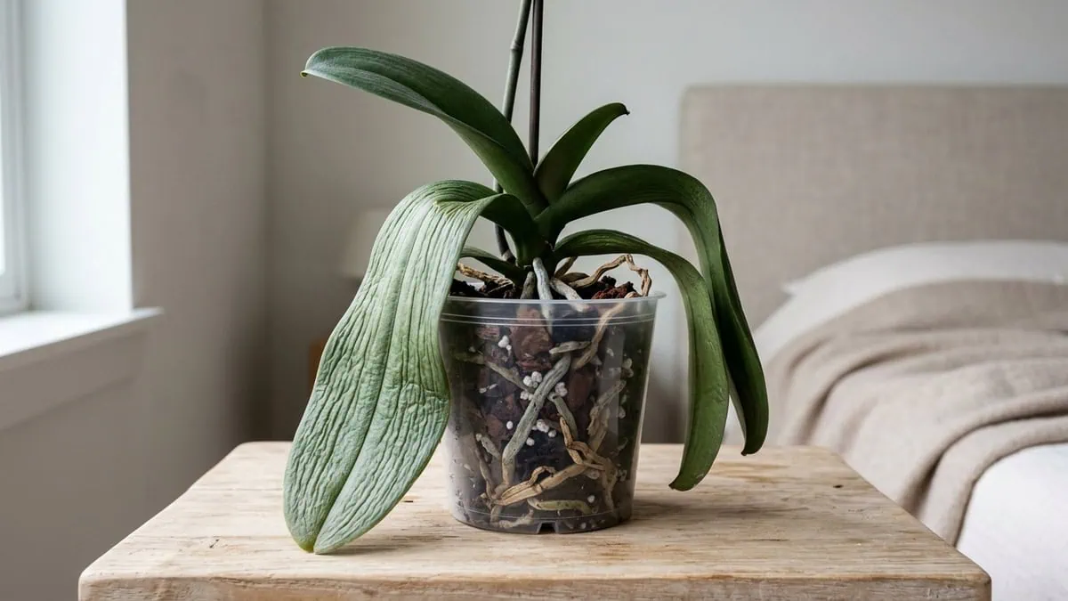 Why are my Phalaenopsis orchid leaves wrinkled and limp — a moth orchid with soft, accordion-folded, downward-folding leaves.