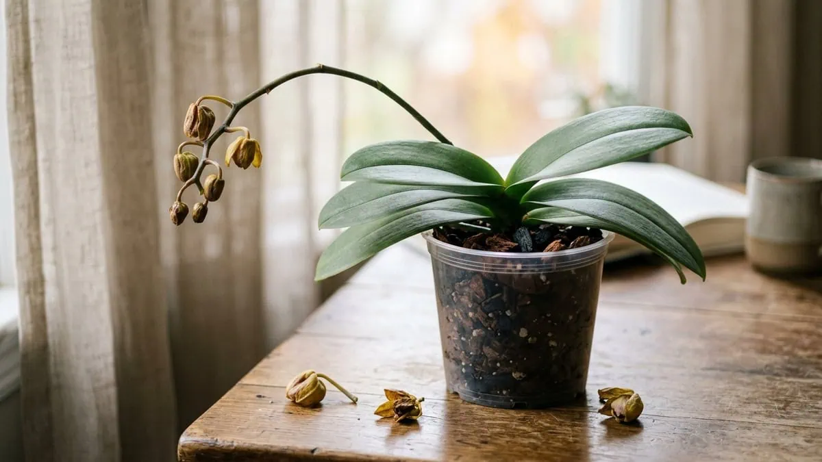 Why is my Phalaenopsis orchid dropping buds and flowers? The spike hangs with yellowing, shrivelled, falling buds.