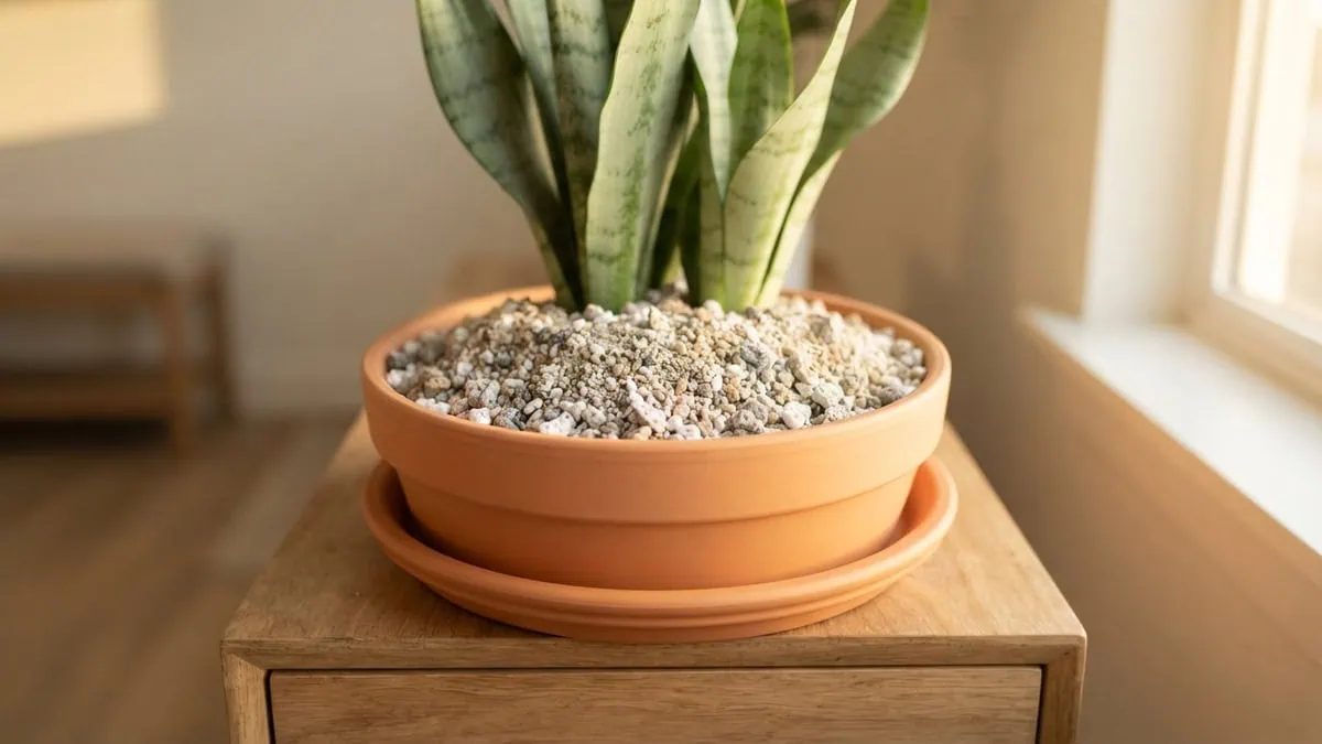 What is the best soil for a snake plant? A gritty, fast-draining mix, shown here beside a potted Dracaena trifasciata.