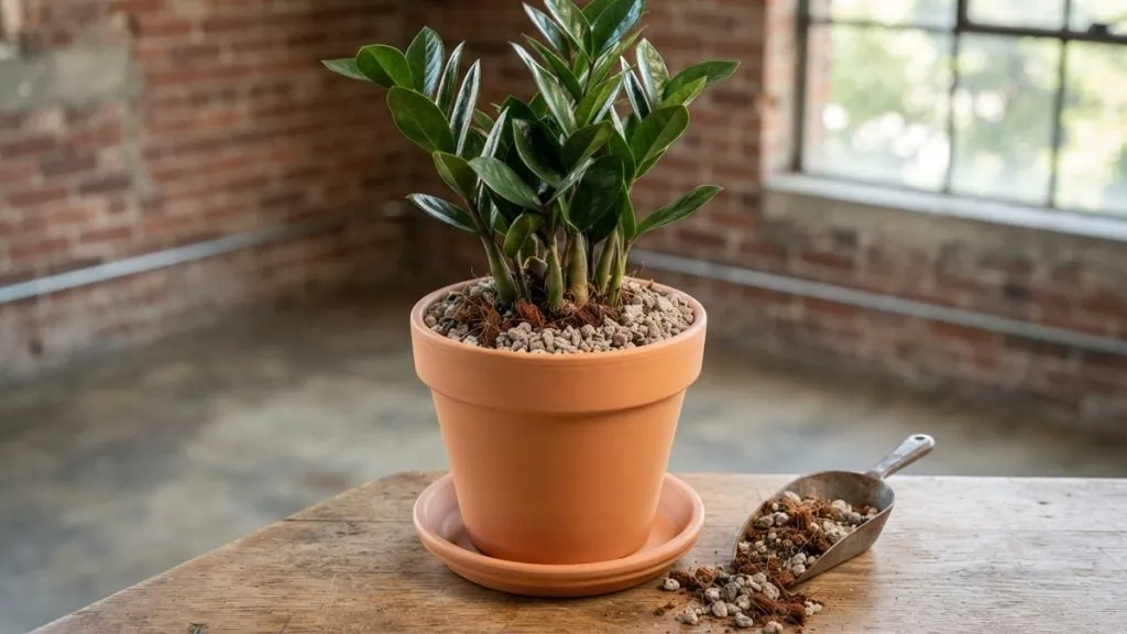 What is the best soil for a ZZ plant? A gritty coco coir and pumice mix around a healthy Zamioculcas zamiifolia.