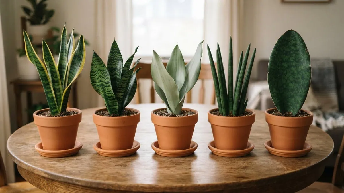 A lineup showing how to identify snake plant varieties, telling each Dracaena trifasciata type by leaf shape and margin.