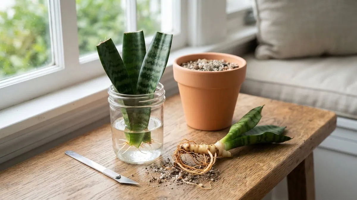 How to propagate a snake plant step by step: notched Dracaena trifasciata leaf sections rooting in a clear water jar.