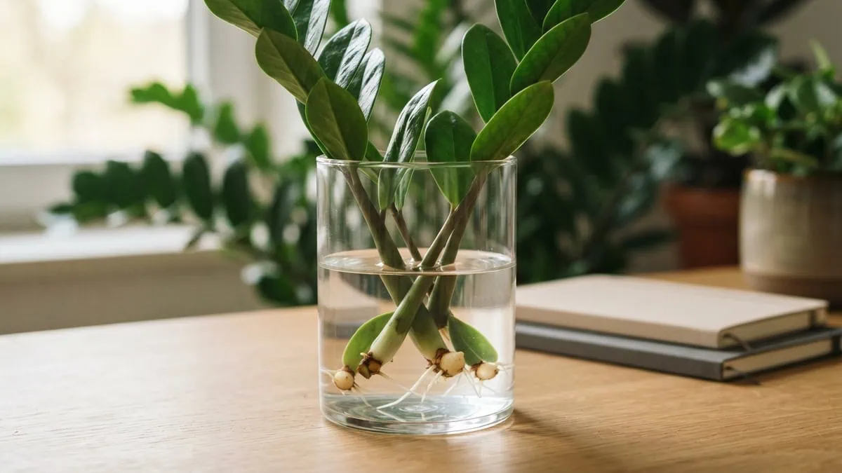 How to propagate a ZZ plant from cuttings, shown by Zamioculcas zamiifolia stems rooting in a clear glass of water.