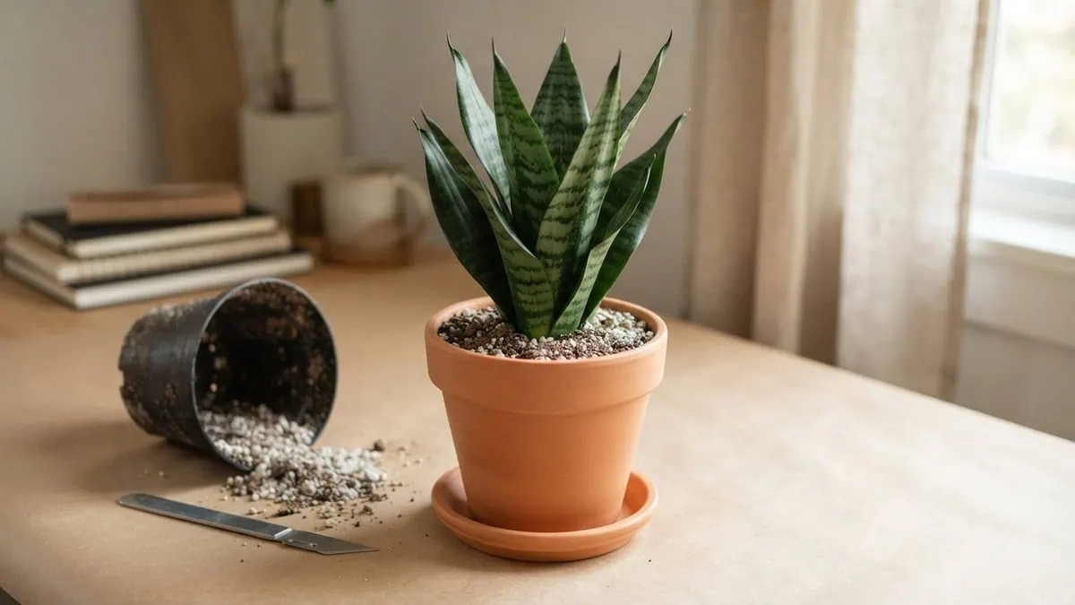 How to repot a snake plant without killing it: a Dracaena trifasciata eased into fresh gritty mix in a new terracotta pot.