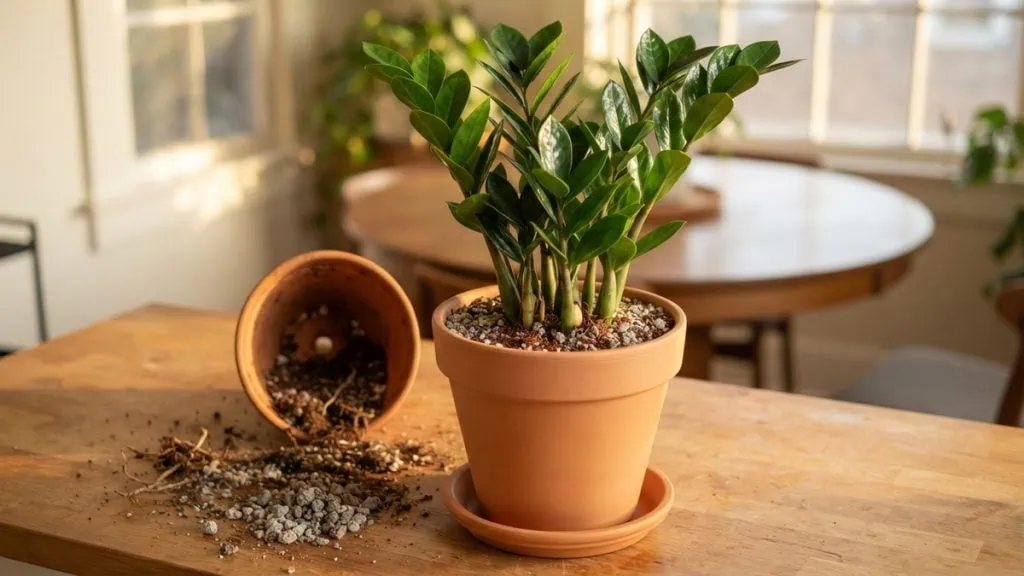 How to repot a ZZ plant without transplant shock: a Zamioculcas zamiifolia settled and centered in its new terracotta pot.