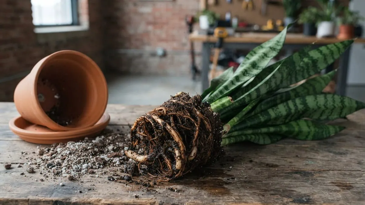 How to save a snake plant from root rot: an unpotted Dracaena trifasciata with its brown, mushy rotted root ball exposed.