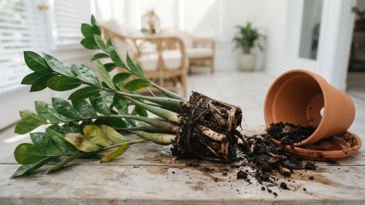 How to save a ZZ plant from root rot — a lifted Zamioculcas zamiifolia shows black mushy rhizome beside firm pale tissue