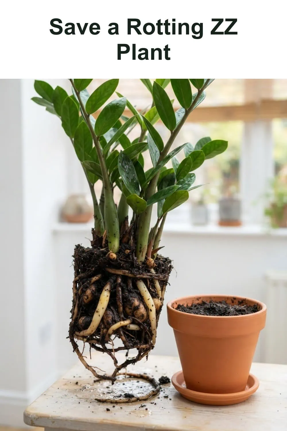 A root-rotted ZZ plant lifted from its pot, black mushy rhizome cut back to firm pale tissue on a bright sunroom table