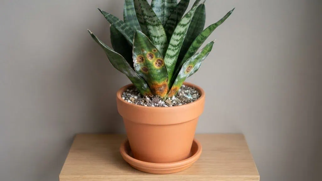 How to treat snake plant fungus: an upright Dracaena trifasciata carries brown, black-dotted fungal leaf spots.