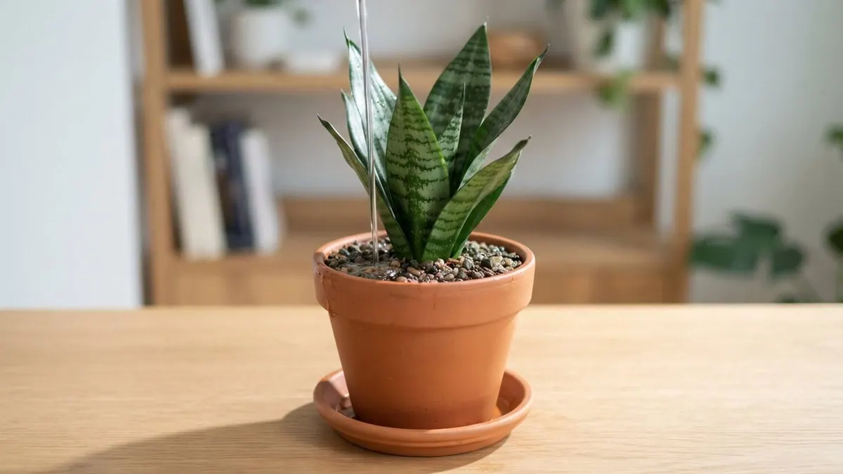 How to water a snake plant without overwatering: a clean stream soaks the gritty mix of a potted Dracaena trifasciata.