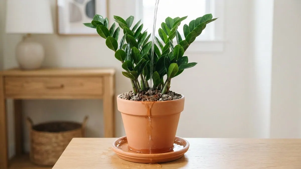 How often to water a ZZ plant: a healthy Zamioculcas zamiifolia deep-soaked in a plain terracotta pot.