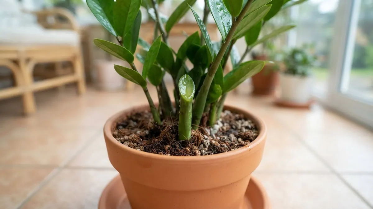 Is a ZZ plant toxic to cats and dogs - a healthy Zamioculcas zamiifolia with clear sap wet on a freshly cut leaflet stalk.