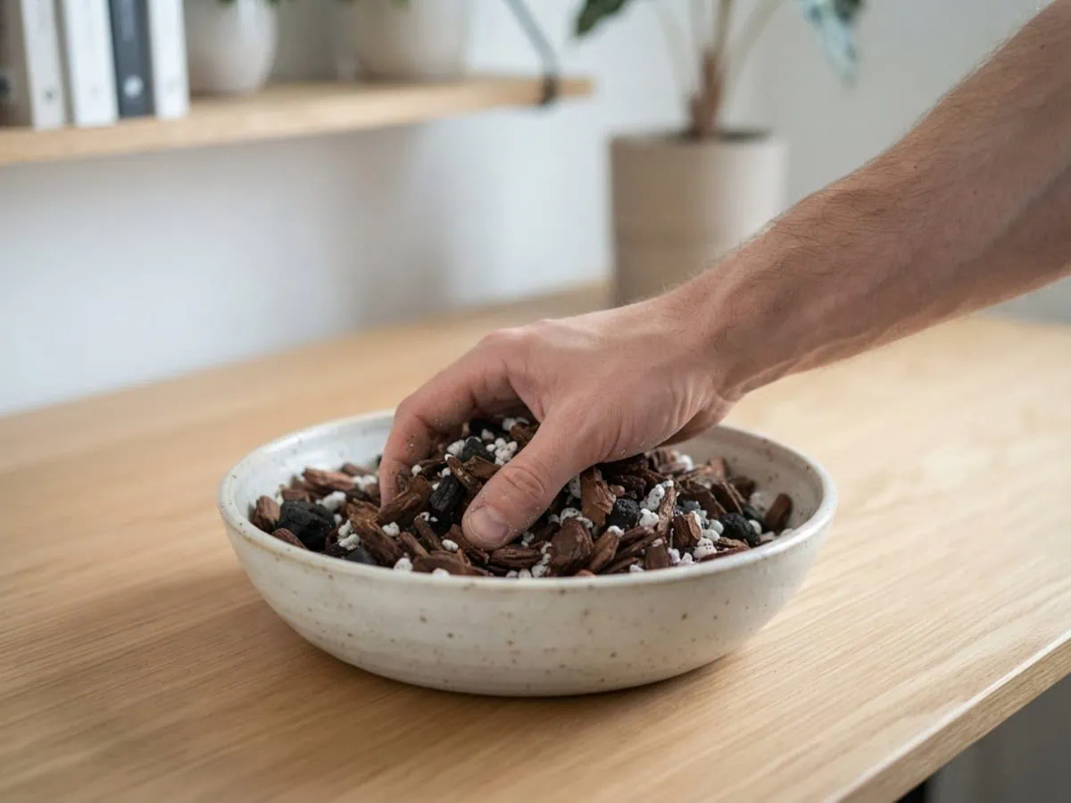 Close-up of a hand mixing a home orchid potting recipe of coarse fir bark, charcoal, and perlite in a bowl.