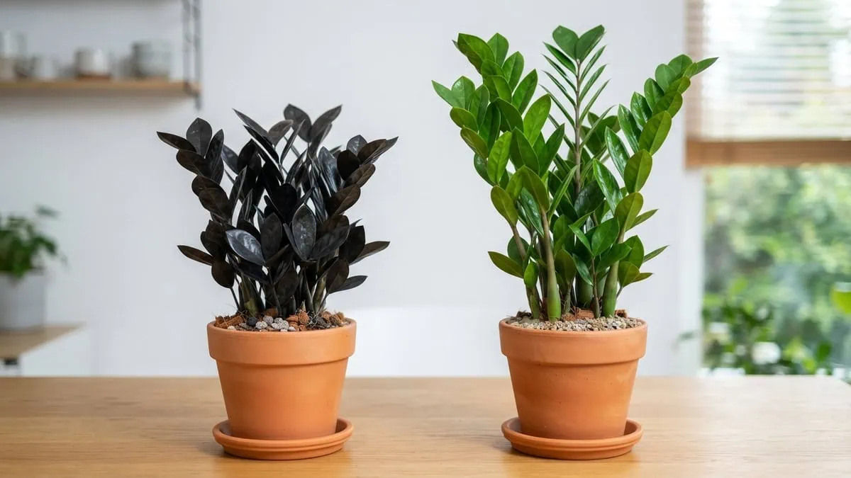 Raven ZZ plant vs regular ZZ plant side by side, a compact near-black Zamioculcas zamiifolia beside a taller emerald one