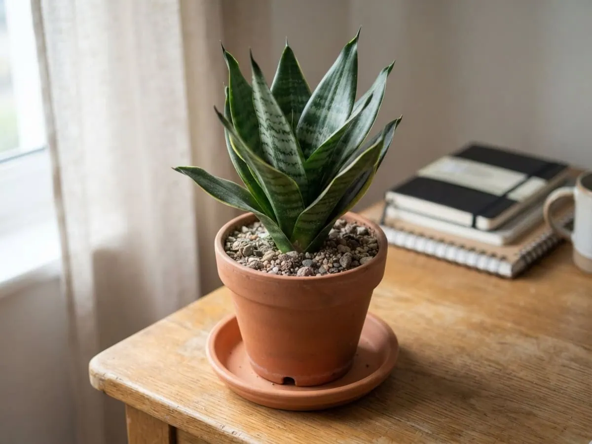 Macro view of a newly repotted snake plant in a terracotta pot with a bone-dry soil surface during its dry-rest window.