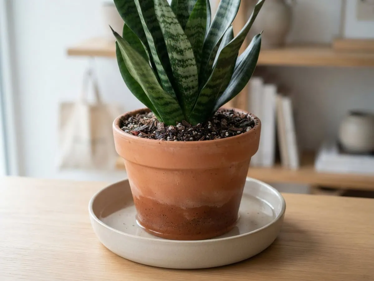 Close-up of a snake plant in a terracotta pot standing in a basin of water, a bottom-watering soak wicking up the mix.