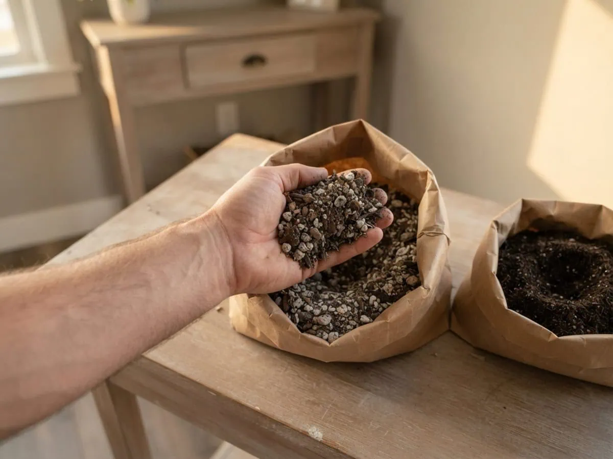 Close-up of a hand scooping gritty cactus mix beside a bag of denser regular potting soil for a snake plant.
