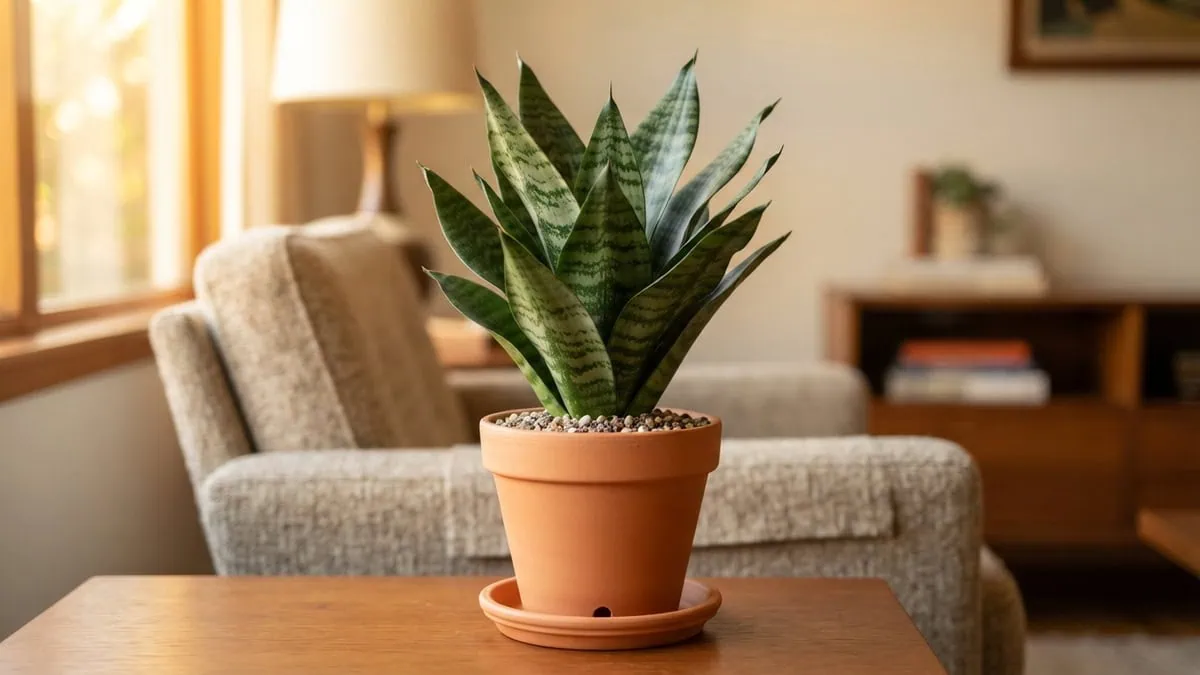 Snake plant care guide: a healthy Dracaena trifasciata with stiff cross-banded upright leaves in a terracotta pot.