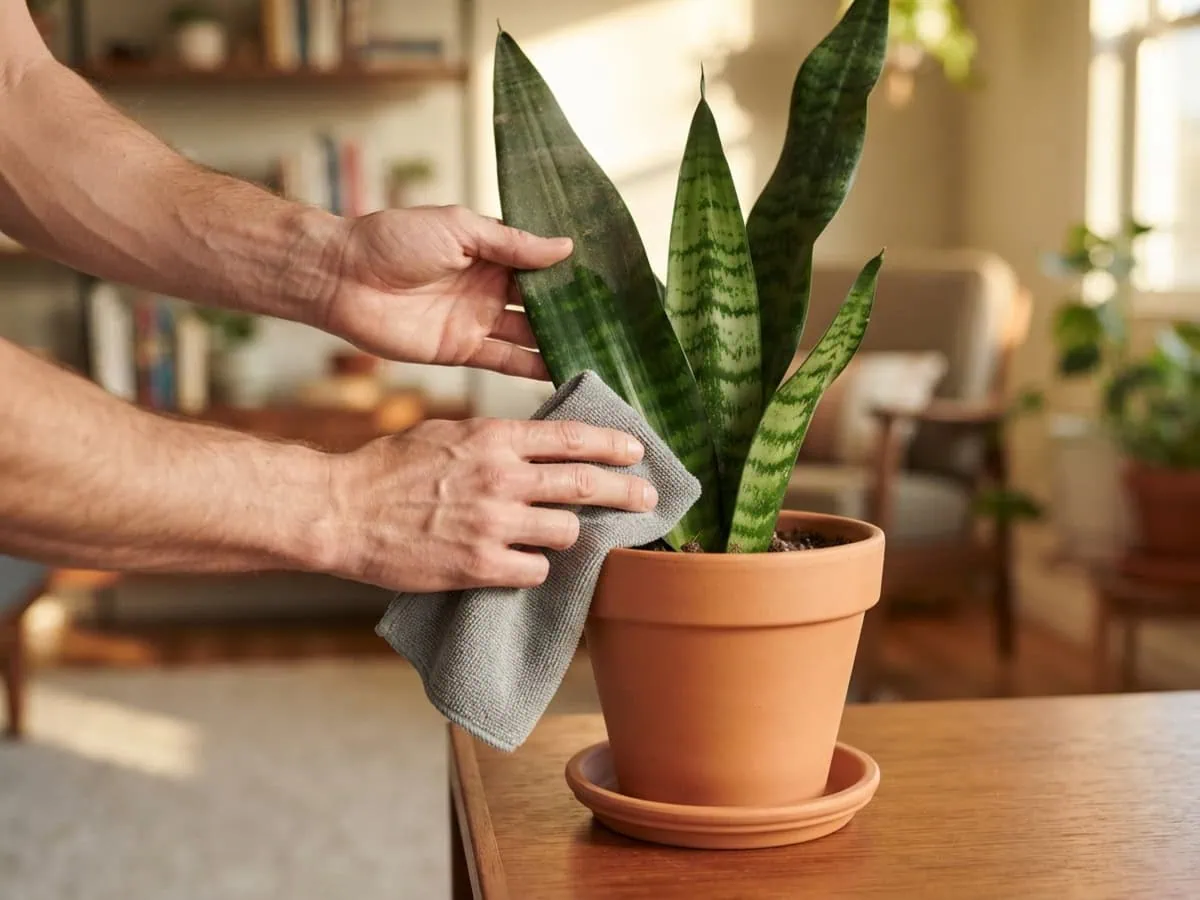 Close-up of two hands cleaning a snake plant leaf, one steadying it while the other wipes off dust with a damp cloth.