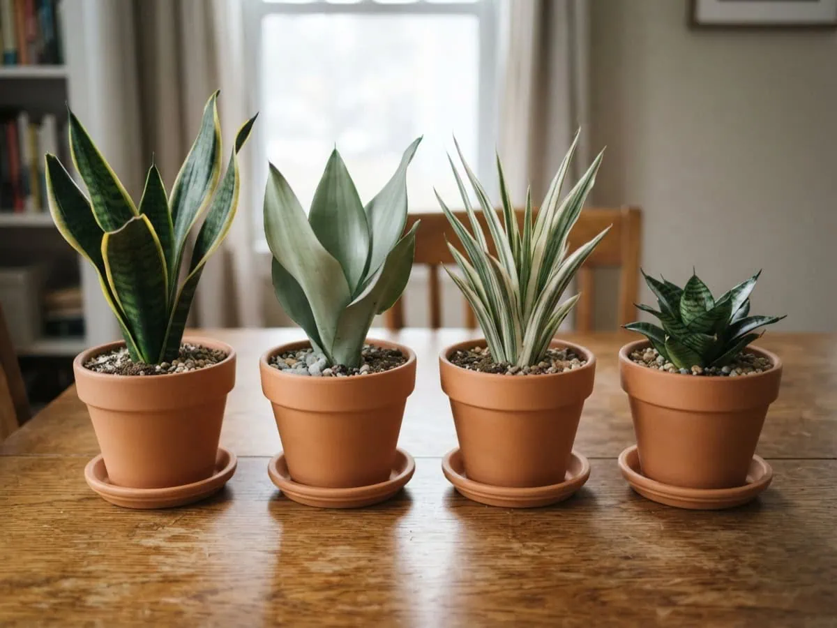 Close-up of four snake plant cultivars: gold-edged Laurentii, silvery Moonshine, white-striped Bantel's, dwarf Hahnii.