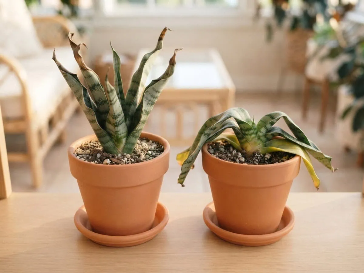 Two snake plants side by side: one too-dry, tightly curled with a dry tip; one too-wet, soft and yellowing at the base.