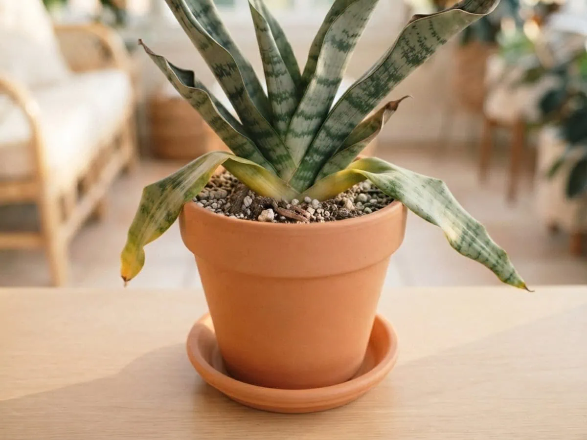 Close-up of a snake plant with bone-dry, crumbly topsoil but soft, mushy lower blades folding at the base.