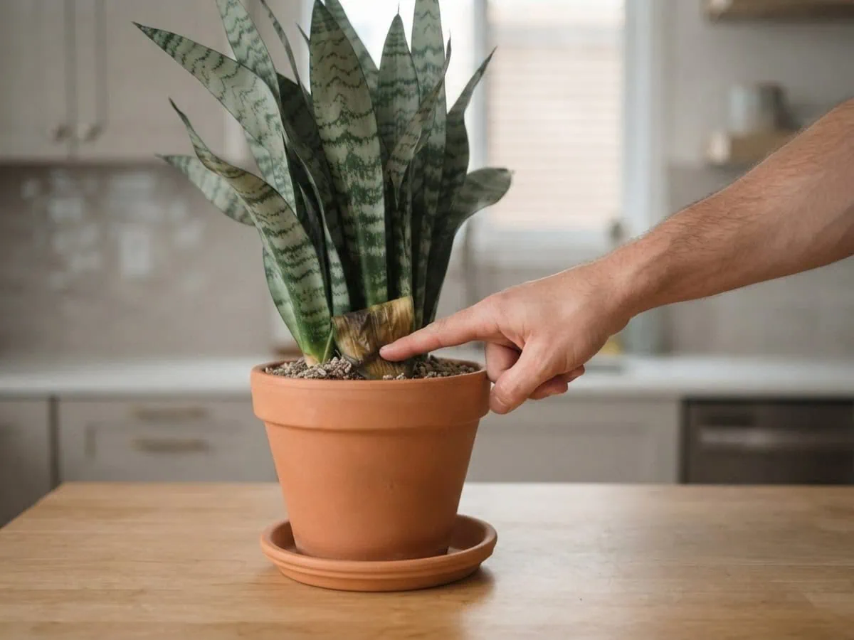 Close-up of a fingertip pressing the soft, mushy base of a leaning snake plant to feel the base for rot.
