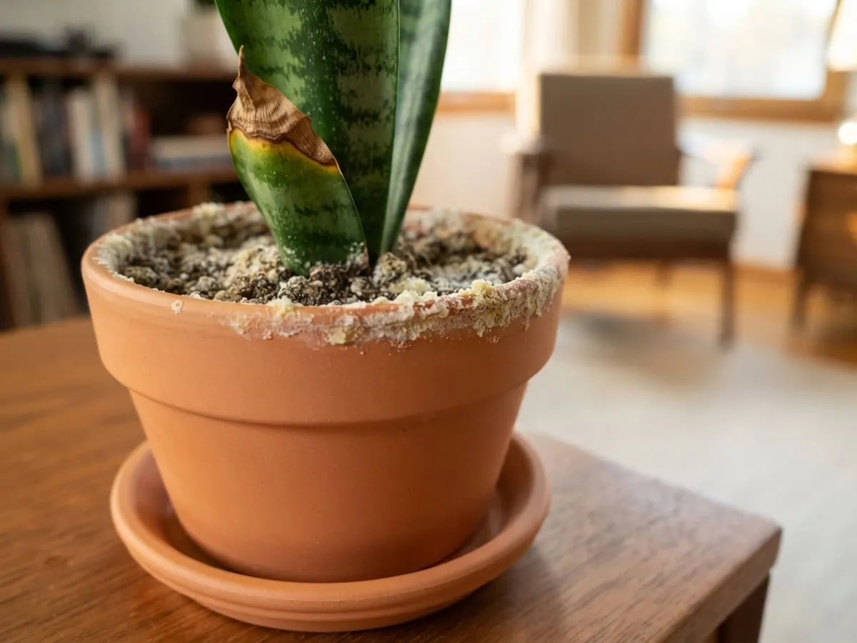 Macro view of a white-to-yellow fertilizer salt crust on a terracotta snake plant pot with a brown scorched leaf tip.