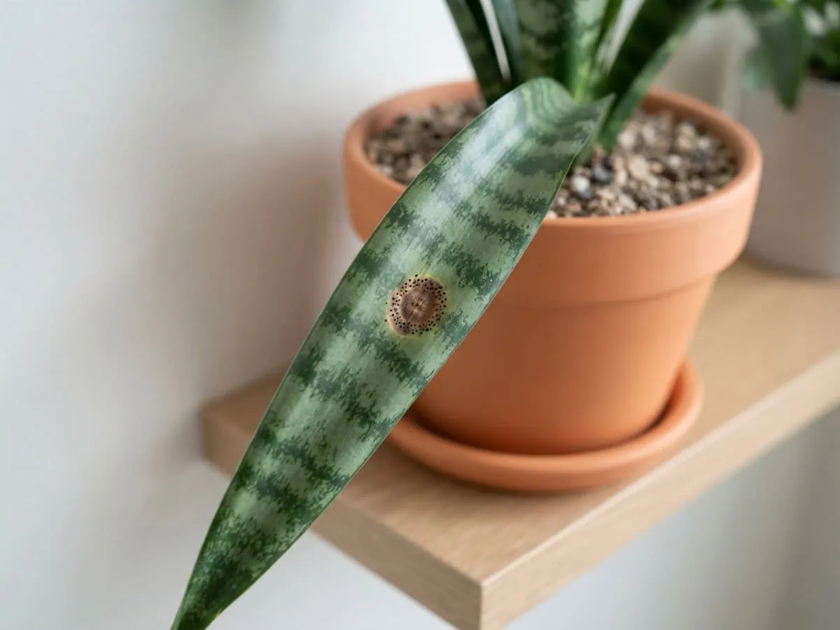 Close-up of snake plant fungus: a sunken brown leaf spot ringed with tiny black dots on an upright snake plant blade.
