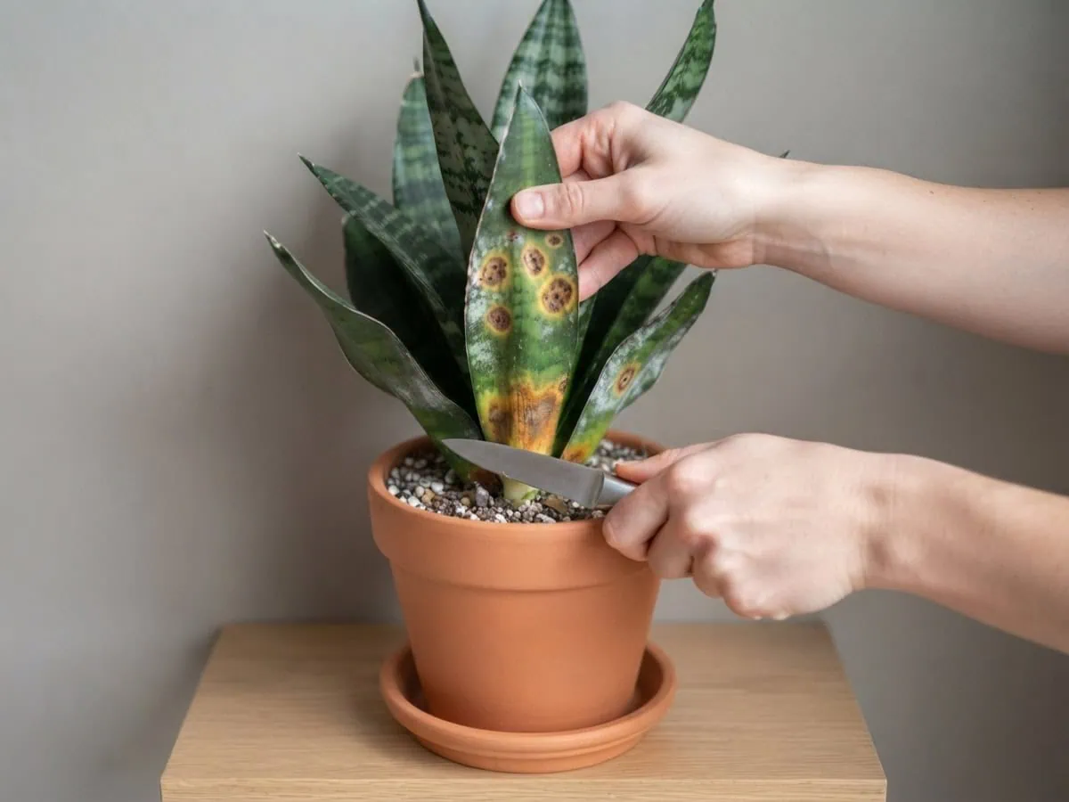 Close-up of a sterilized blade pruning a fungus-spotted snake plant leaf back to firm green tissue.