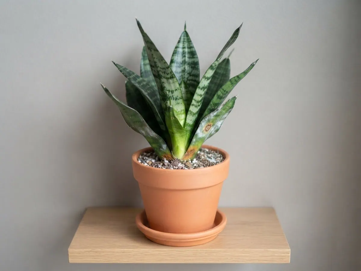 An upright snake plant kept dry with steady airflow to stop the spread of fungus, pushing clean new central growth.