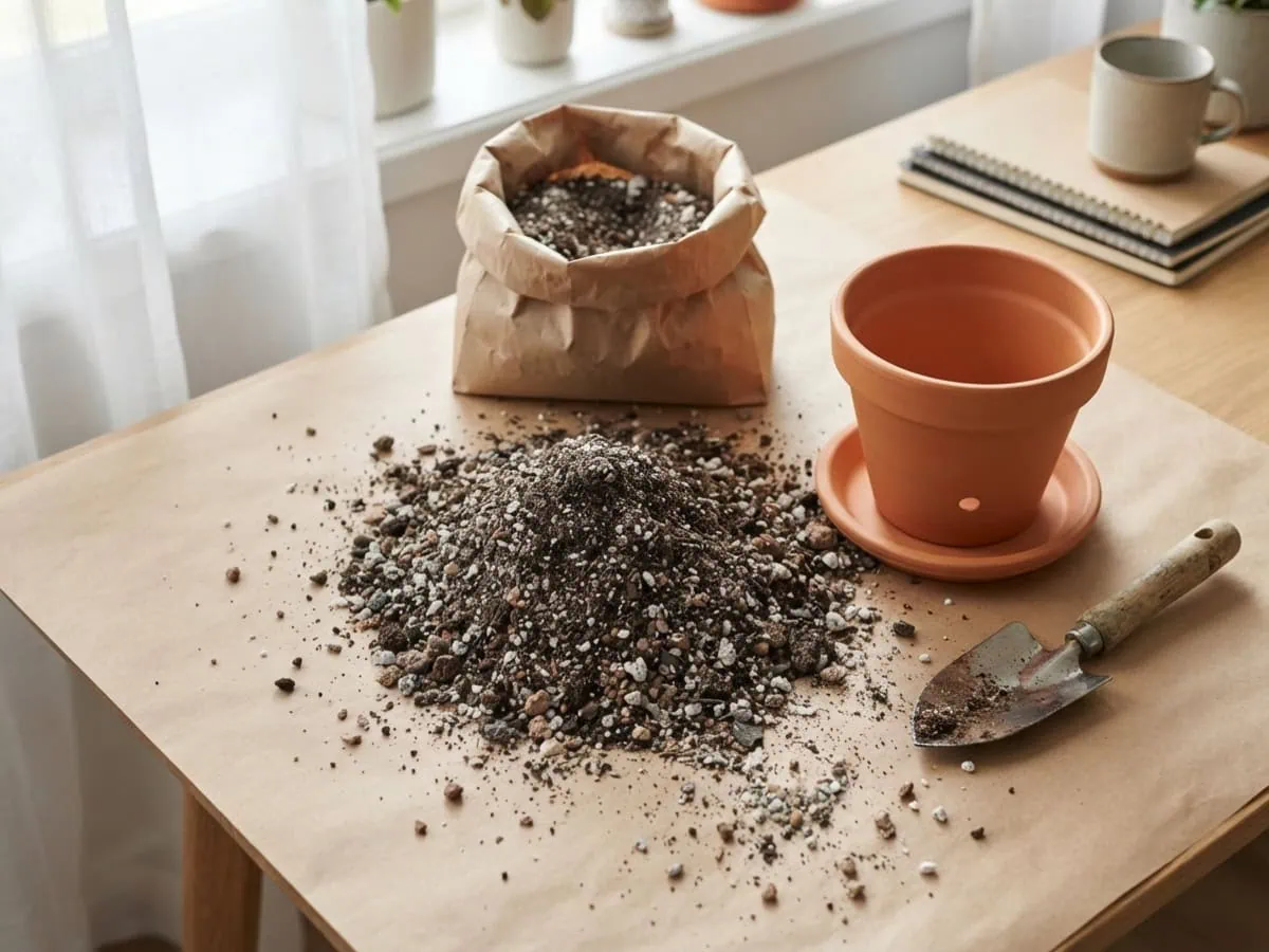 Close-up of a gritty mix of cactus soil and coarse grit beside an empty terracotta pot with a drainage hole.